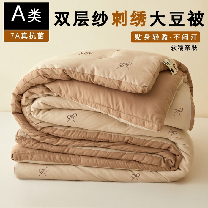 维洋家纺 2025新款双层纱云感刺绣大豆被被子被芯 金棕蝴蝶结