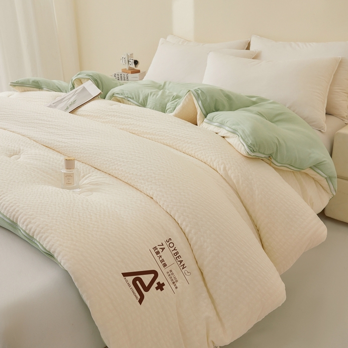 91家纺网 家纺一手货源 找家纺 维洋家纺 2025新款泡泡纱大豆被被子被芯 米黄+水绿