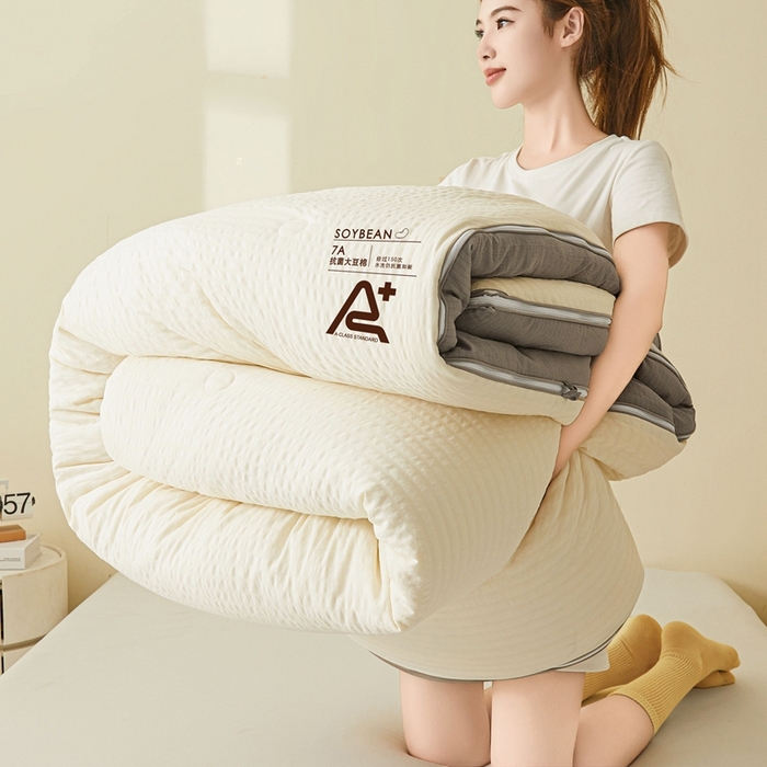 91家纺网 家纺一手货源 找家纺 维洋家纺 2025新款泡泡纱大豆被被子被芯 米黄+月影灰