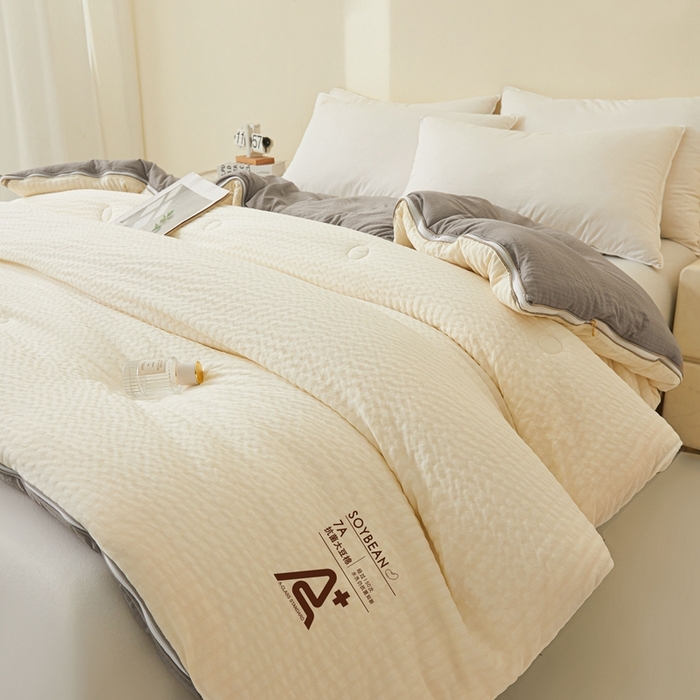 91家纺网 家纺一手货源 找家纺 维洋家纺 2025新款泡泡纱大豆被被子被芯 米黄+月影灰