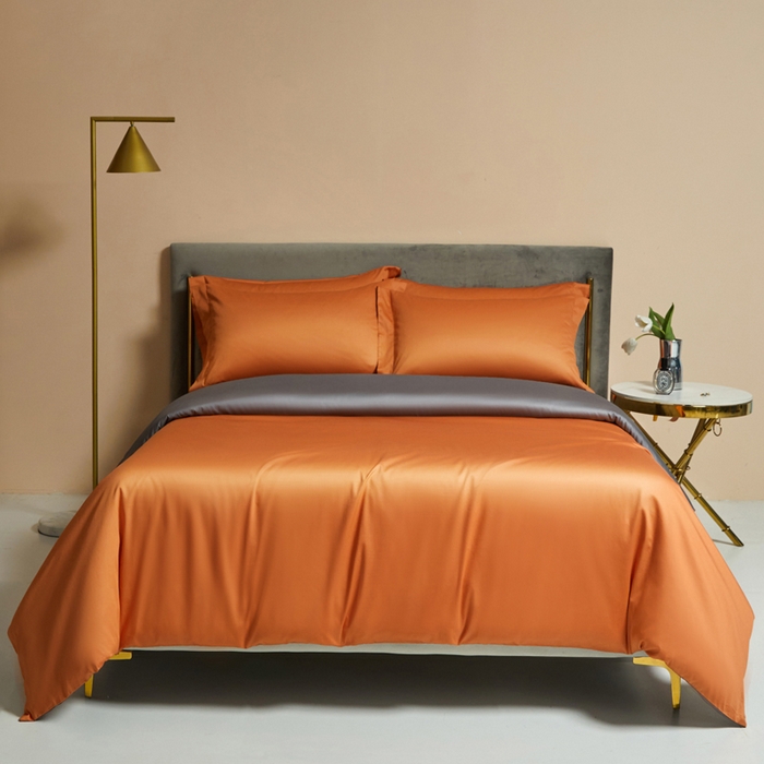 91家纺网 家纺一手货源 找家纺 柔觉家纺 2025新款100支长绒棉A类纯色双拼素色全棉四件套 活力橘＆绅士灰