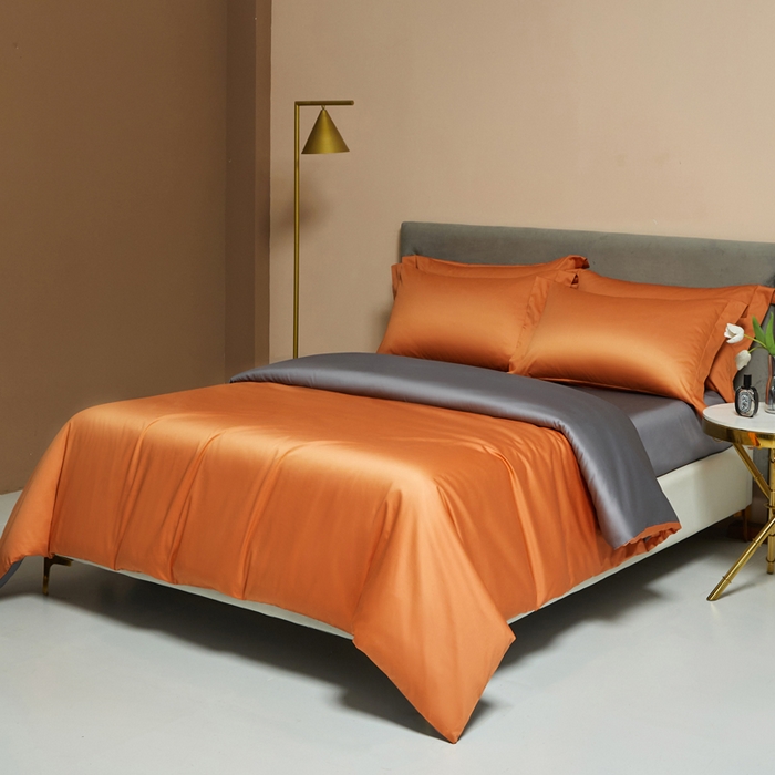91家纺网 家纺一手货源 找家纺 柔觉家纺 2025新款100支长绒棉A类纯色双拼素色全棉四件套 活力橘＆绅士灰