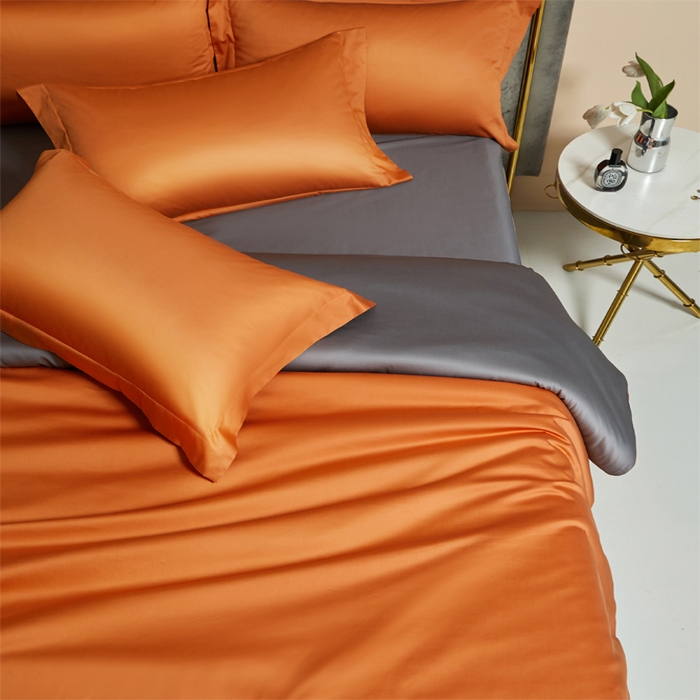 91家纺网 家纺一手货源 找家纺 柔觉家纺 2025新款100支长绒棉A类纯色双拼素色全棉四件套 活力橘＆绅士灰