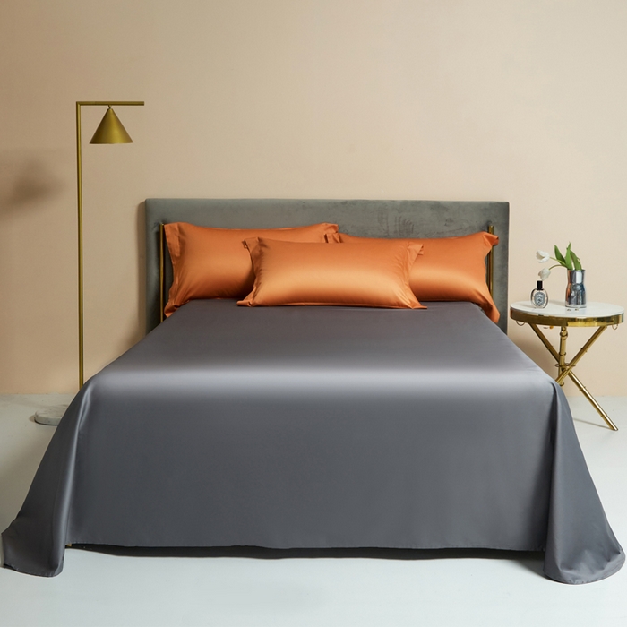 91家纺网 家纺一手货源 找家纺 柔觉家纺 2025新款100支长绒棉A类纯色双拼素色全棉四件套 活力橘＆绅士灰