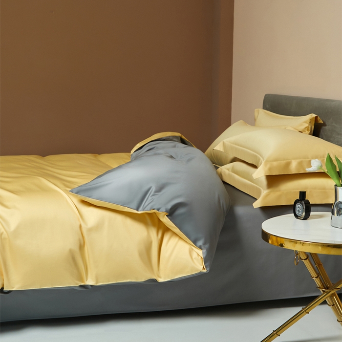91家纺网 家纺一手货源 找家纺 柔觉家纺 2025新款100支长绒棉A类纯色双拼素色全棉四件套 柠檬黄＆富贵灰