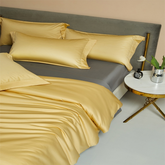 91家纺网 家纺一手货源 找家纺 柔觉家纺 2025新款100支长绒棉A类纯色双拼素色全棉四件套 柠檬黄＆富贵灰