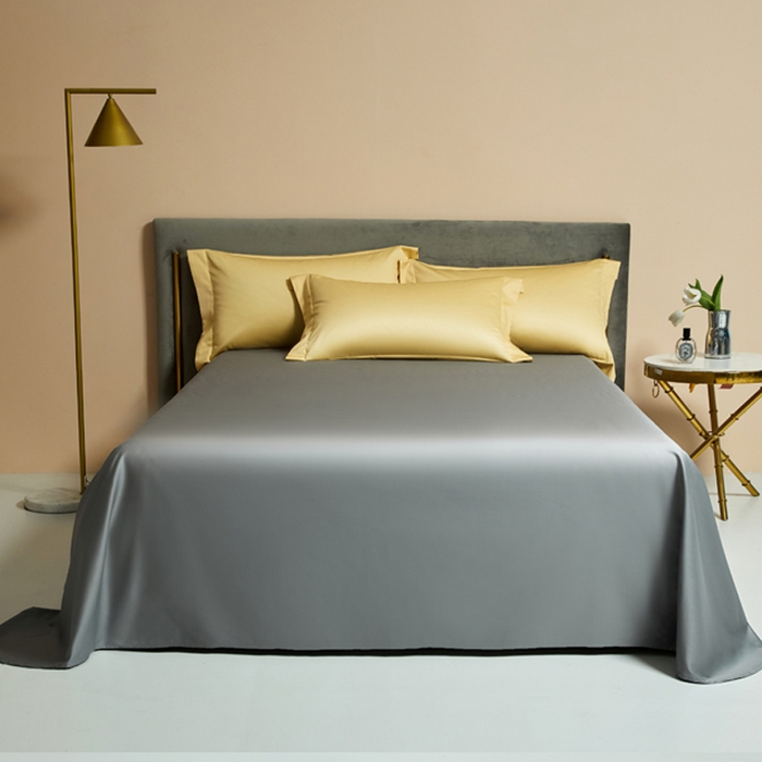 91家纺网 家纺一手货源 找家纺 柔觉家纺 2025新款100支长绒棉A类纯色双拼素色全棉四件套 柠檬黄＆富贵灰