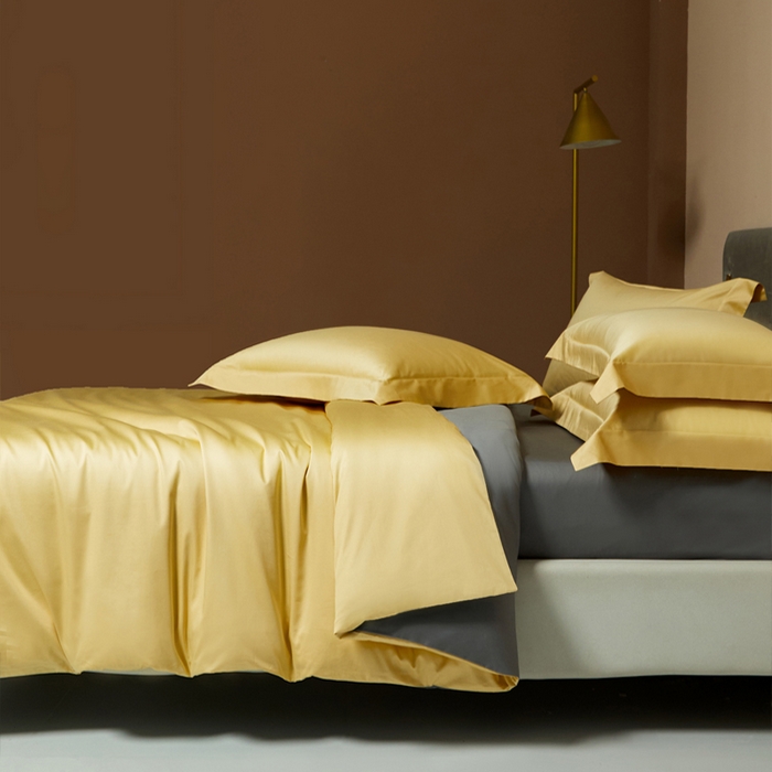 91家纺网 家纺一手货源 找家纺 柔觉家纺 2025新款100支长绒棉A类纯色双拼素色全棉四件套 柠檬黄＆富贵灰