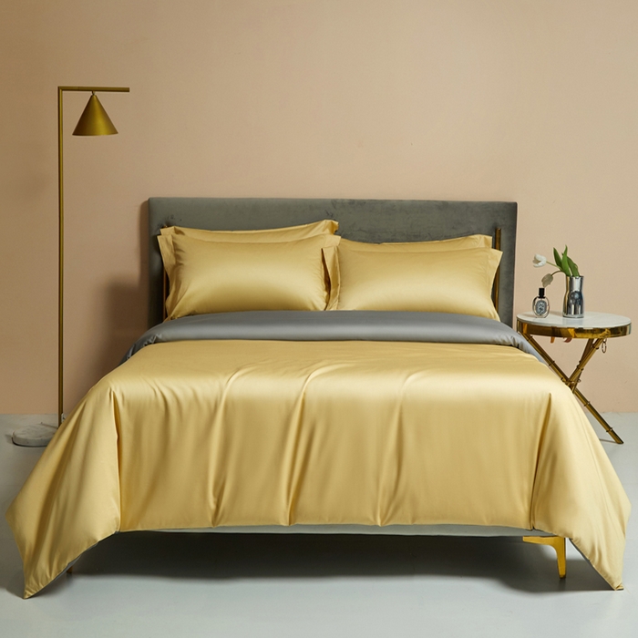 91家纺网 家纺一手货源 找家纺 柔觉家纺 2025新款100支长绒棉A类纯色双拼素色全棉四件套 柠檬黄＆富贵灰