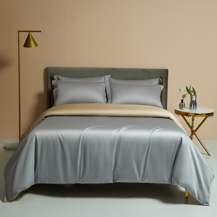 91家纺网 家纺一手货源 找家纺 柔觉家纺 2025新款100支长绒棉A类纯色双拼素色全棉四件套 浅银灰＆香槟金