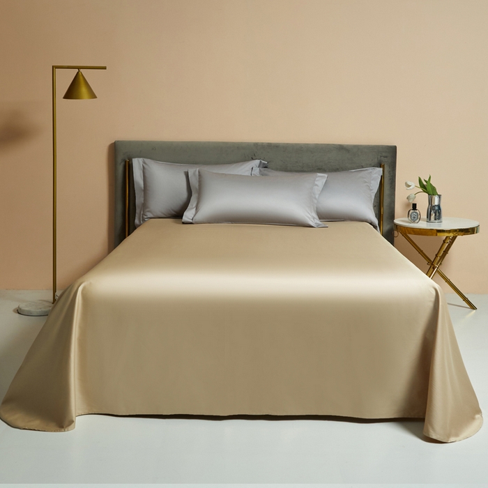 91家纺网 家纺一手货源 找家纺 柔觉家纺 2025新款100支长绒棉A类纯色双拼素色全棉四件套 浅银灰＆香槟金