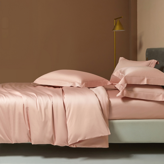 91家纺网 家纺一手货源 找家纺 柔觉家纺 2025新款100支长绒棉A类纯色双拼素色全棉四件套 粉豆沙