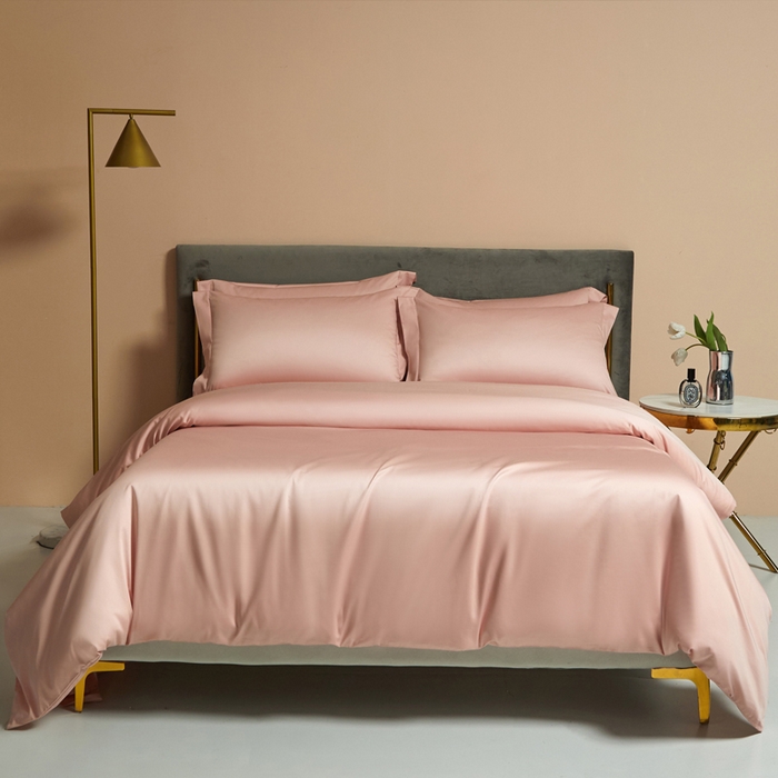 91家纺网 家纺一手货源 找家纺 柔觉家纺 2025新款100支长绒棉A类纯色双拼素色全棉四件套 粉豆沙