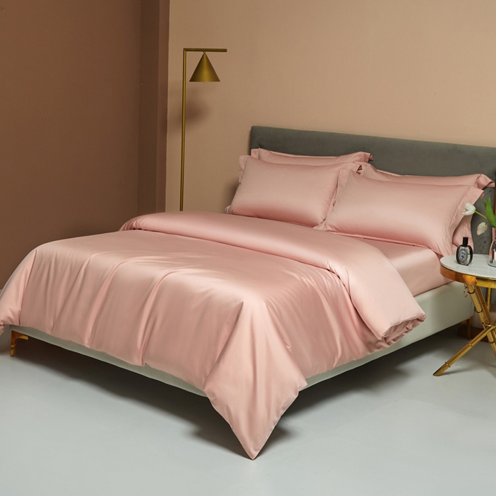 91家纺网 家纺一手货源 找家纺 柔觉家纺 2025新款100支长绒棉A类纯色双拼素色全棉四件套 粉豆沙