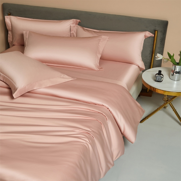 91家纺网 家纺一手货源 找家纺 柔觉家纺 2025新款100支长绒棉A类纯色双拼素色全棉四件套 粉豆沙