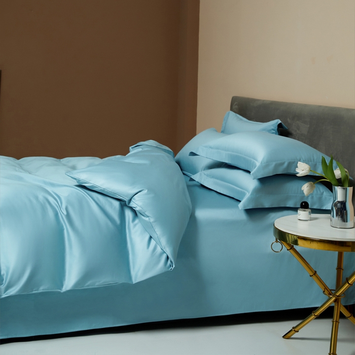 91家纺网 家纺一手货源 找家纺 柔觉家纺 2025新款100支长绒棉A类纯色双拼素色全棉四件套 天空蓝