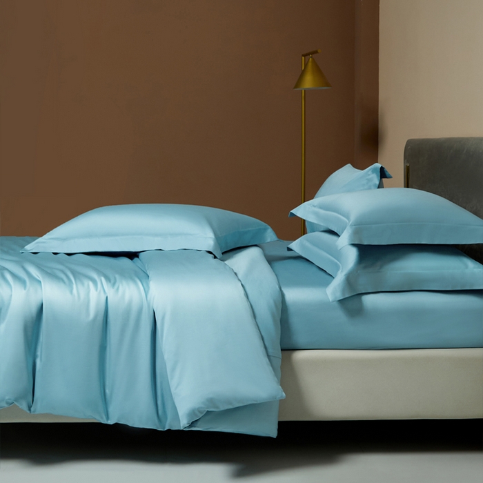 91家纺网 家纺一手货源 找家纺 柔觉家纺 2025新款100支长绒棉A类纯色双拼素色全棉四件套 天空蓝