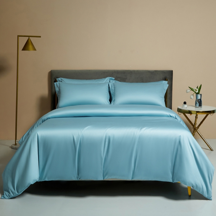 91家纺网 家纺一手货源 找家纺 柔觉家纺 2025新款100支长绒棉A类纯色双拼素色全棉四件套 天空蓝