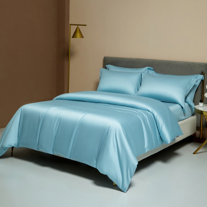 91家纺网 家纺一手货源 找家纺 柔觉家纺 2025新款100支长绒棉A类纯色双拼素色全棉四件套 天空蓝