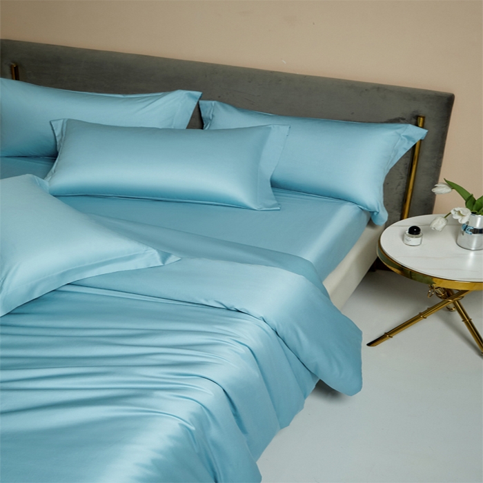 91家纺网 家纺一手货源 找家纺 柔觉家纺 2025新款100支长绒棉A类纯色双拼素色全棉四件套 天空蓝