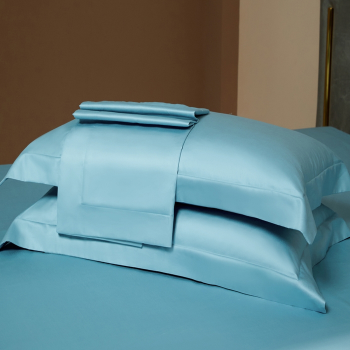 91家纺网 家纺一手货源 找家纺 柔觉家纺 2025新款100支长绒棉A类纯色双拼素色全棉四件套 天空蓝