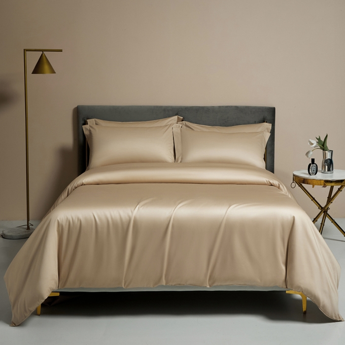 91家纺网 家纺一手货源 找家纺 柔觉家纺 2025新款100支长绒棉A类纯色双拼素色全棉四件套 奶酪黄