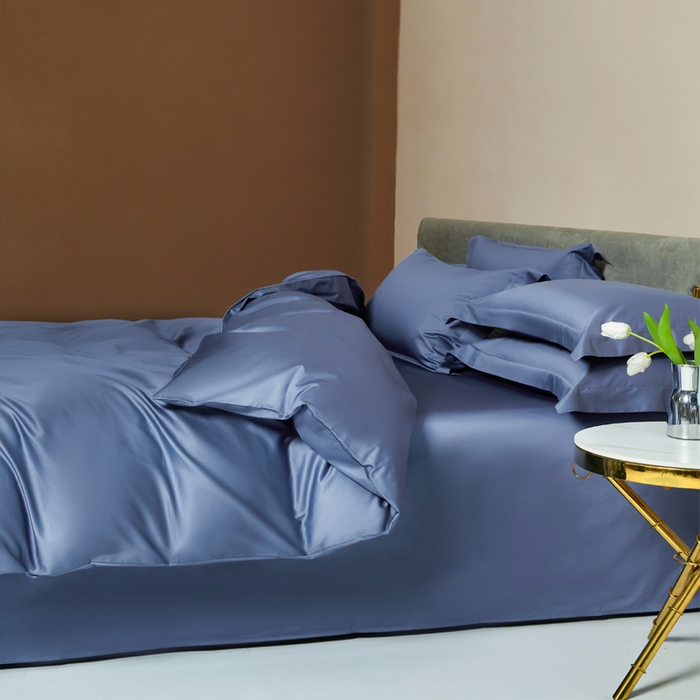 91家纺网 家纺一手货源 找家纺 柔觉家纺 2025新款100支长绒棉A类纯色双拼素色全棉四件套 海蓝迷