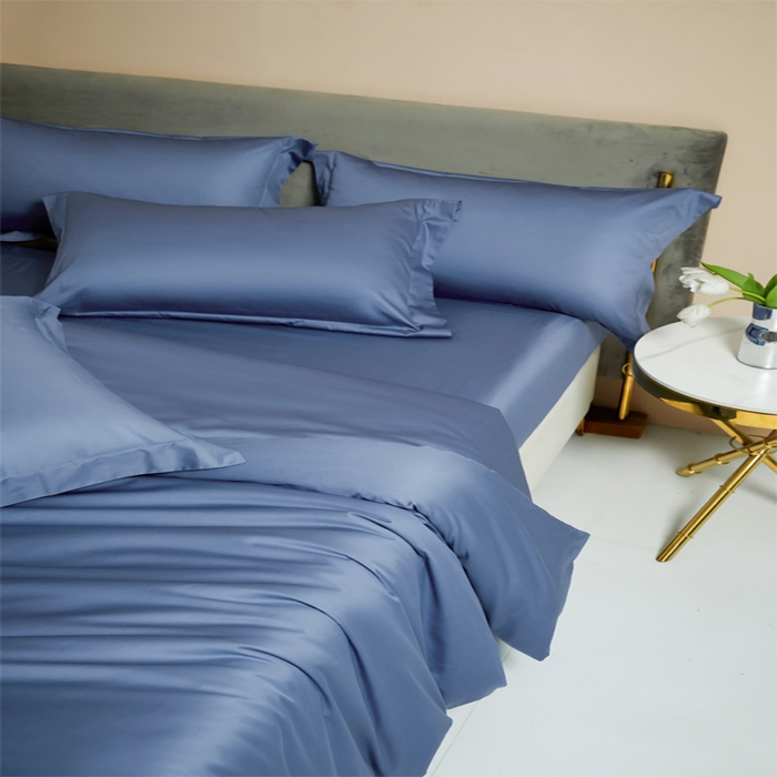 91家纺网 家纺一手货源 找家纺 柔觉家纺 2025新款100支长绒棉A类纯色双拼素色全棉四件套 海蓝迷