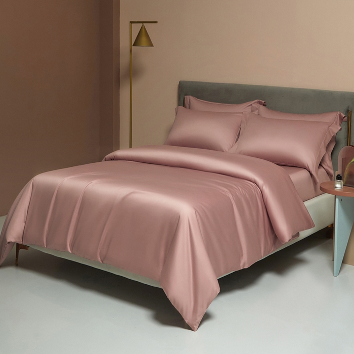 91家纺网 家纺一手货源 找家纺 柔觉家纺 2025新款100支长绒棉A类纯色双拼素色全棉四件套 海棠色