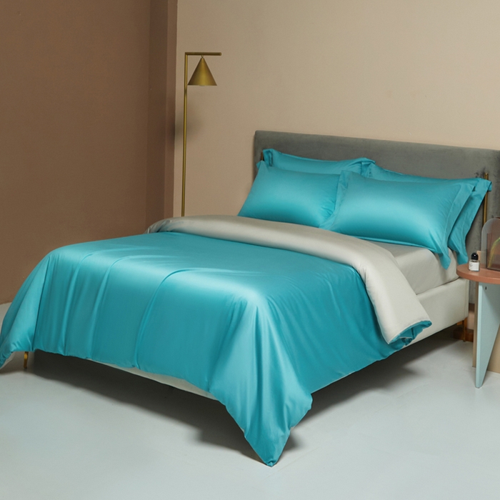 91家纺网 家纺一手货源 找家纺 柔觉家纺 2025新款100支长绒棉A类纯色双拼素色全棉四件套 迈阿密兰＆卡其色