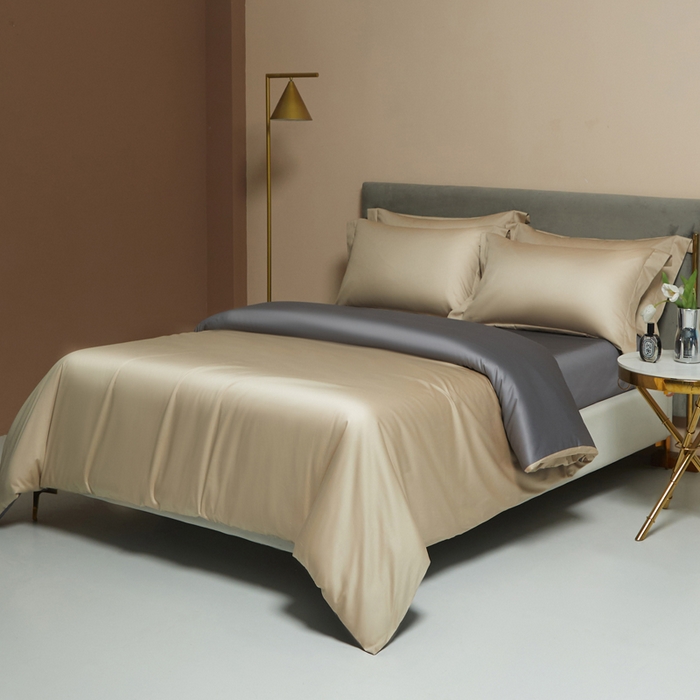 91家纺网 家纺一手货源 找家纺 柔觉家纺 2025新款100支长绒棉A类纯色双拼素色全棉四件套 香槟色＆绅士灰