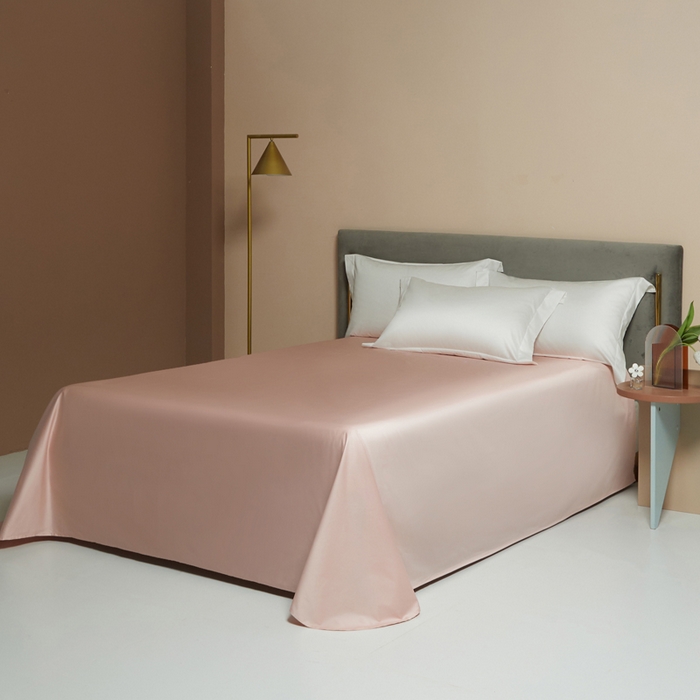 91家纺网 家纺一手货源 找家纺 柔觉家纺 2025新款100支长绒棉A类纯色双拼素色全棉四件套 纯洁白＆粉豆沙