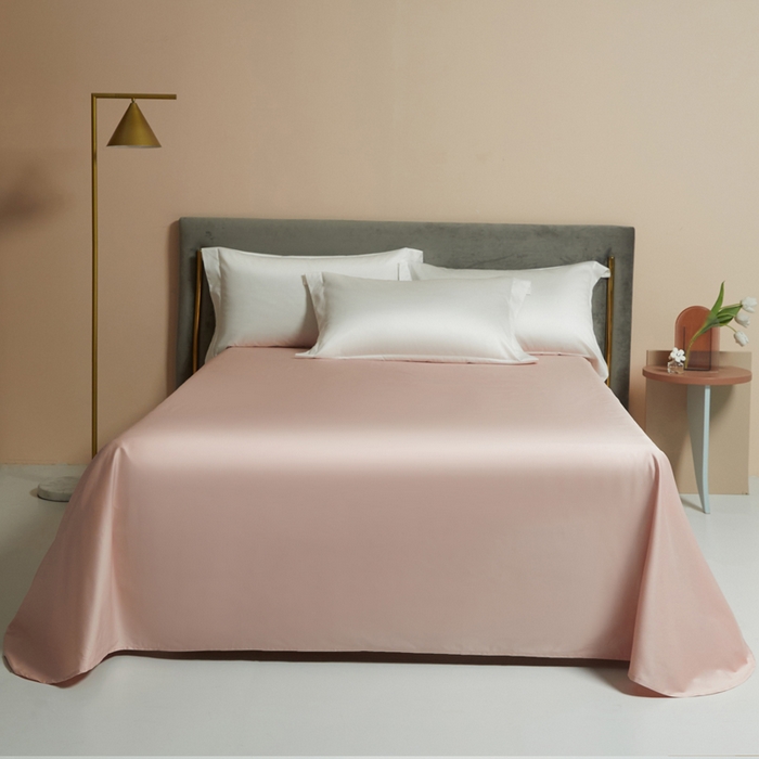 91家纺网 家纺一手货源 找家纺 柔觉家纺 2025新款100支长绒棉A类纯色双拼素色全棉四件套 纯洁白＆粉豆沙