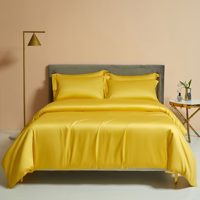 91家纺网 家纺一手货源 找家纺 柔觉家纺 2025新款100支长绒棉A类纯色双拼素色全棉四件套 姜黄