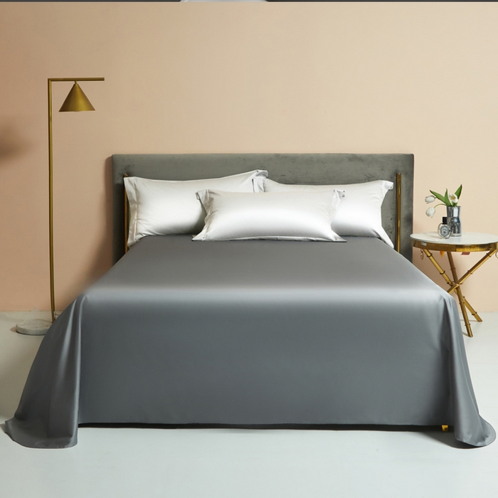 91家纺网 家纺一手货源 找家纺 柔觉家纺 2025新款100支长绒棉A类纯色双拼素色全棉四件套 纯洁白＆富贵灰