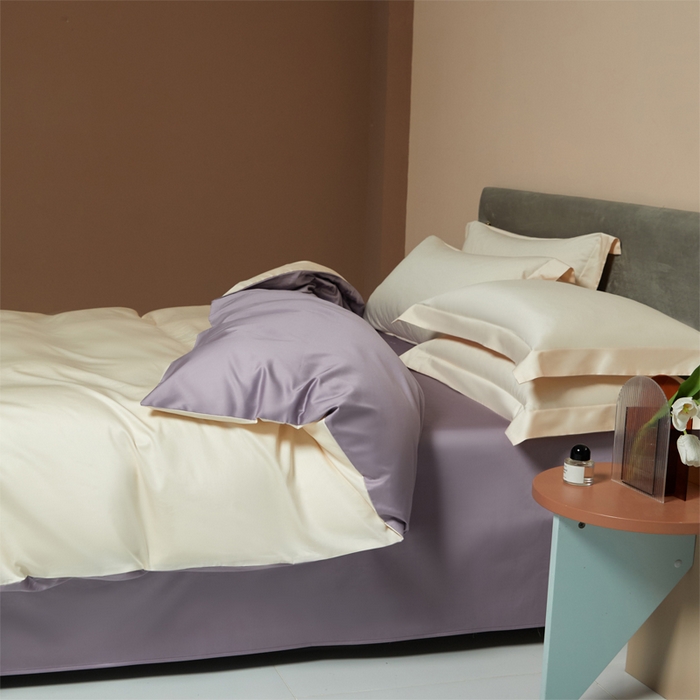 柔觉家纺 2025新款100支长绒棉A类纯色双拼素色全棉四件套 香草色＆蔷薇紫
