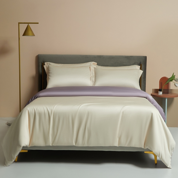 91家纺网 家纺一手货源 找家纺 柔觉家纺 2025新款100支长绒棉A类纯色双拼素色全棉四件套 香草色＆蔷薇紫