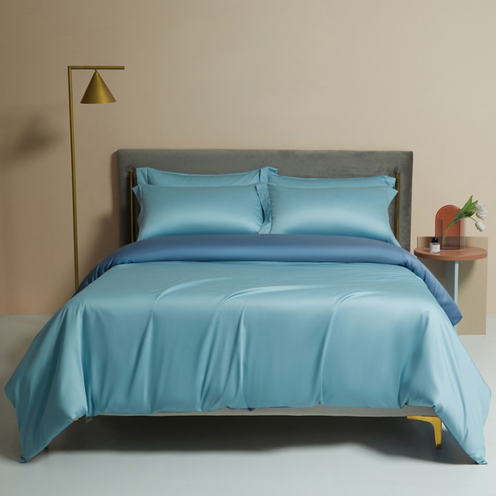 91家纺网 家纺一手货源 找家纺 柔觉家纺 2025新款100支长绒棉A类纯色双拼素色全棉四件套 天空蓝＆宾利兰