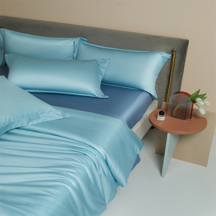 91家纺网 家纺一手货源 找家纺 柔觉家纺 2025新款100支长绒棉A类纯色双拼素色全棉四件套 天空蓝＆宾利兰