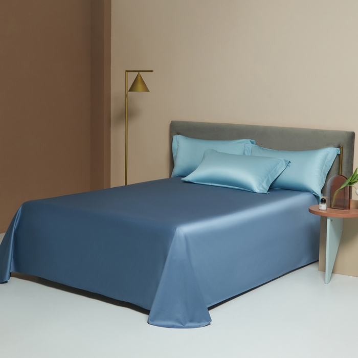 91家纺网 家纺一手货源 找家纺 柔觉家纺 2025新款100支长绒棉A类纯色双拼素色全棉四件套 天空蓝＆宾利兰