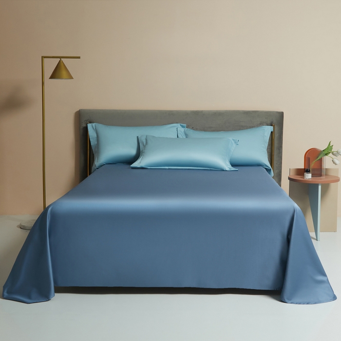 91家纺网 家纺一手货源 找家纺 柔觉家纺 2025新款100支长绒棉A类纯色双拼素色全棉四件套 天空蓝＆宾利兰