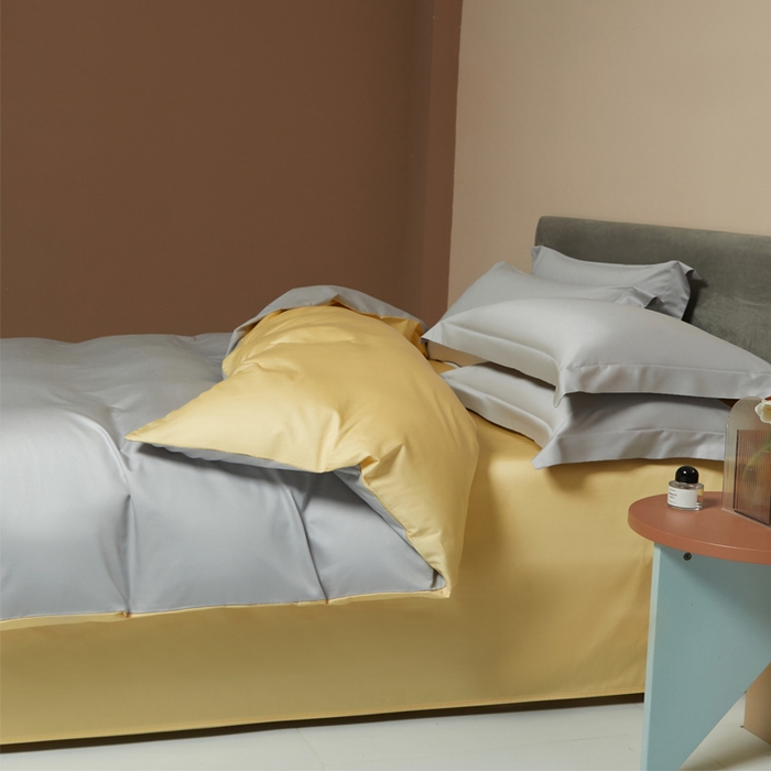 柔觉家纺 2025新款100支长绒棉A类纯色双拼素色全棉四件套 雅致银＆柠檬黄