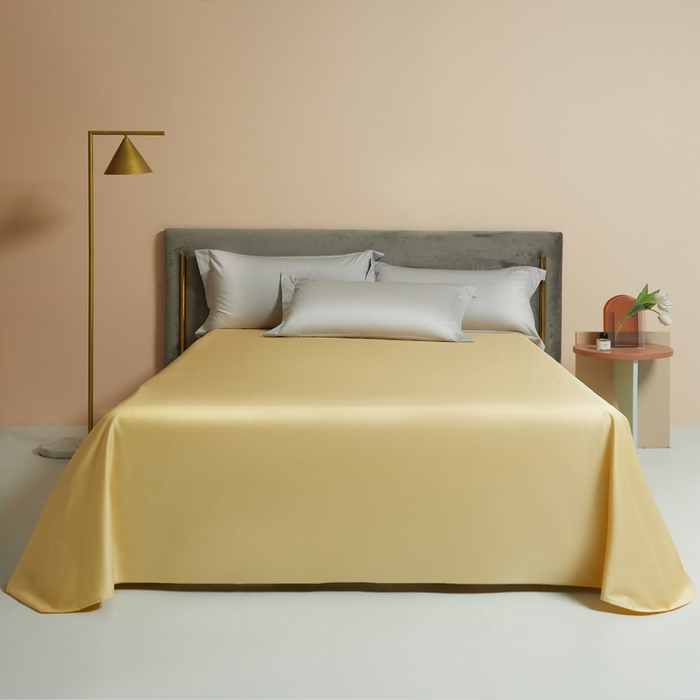 91家纺网 家纺一手货源 找家纺 柔觉家纺 2025新款100支长绒棉A类纯色双拼素色全棉四件套 雅致银＆柠檬黄