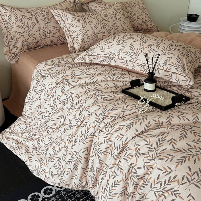 91家纺网 家纺一手货源 找家纺 遇安家纺 2025新款加厚全棉生态磨毛印花四件套 叶影