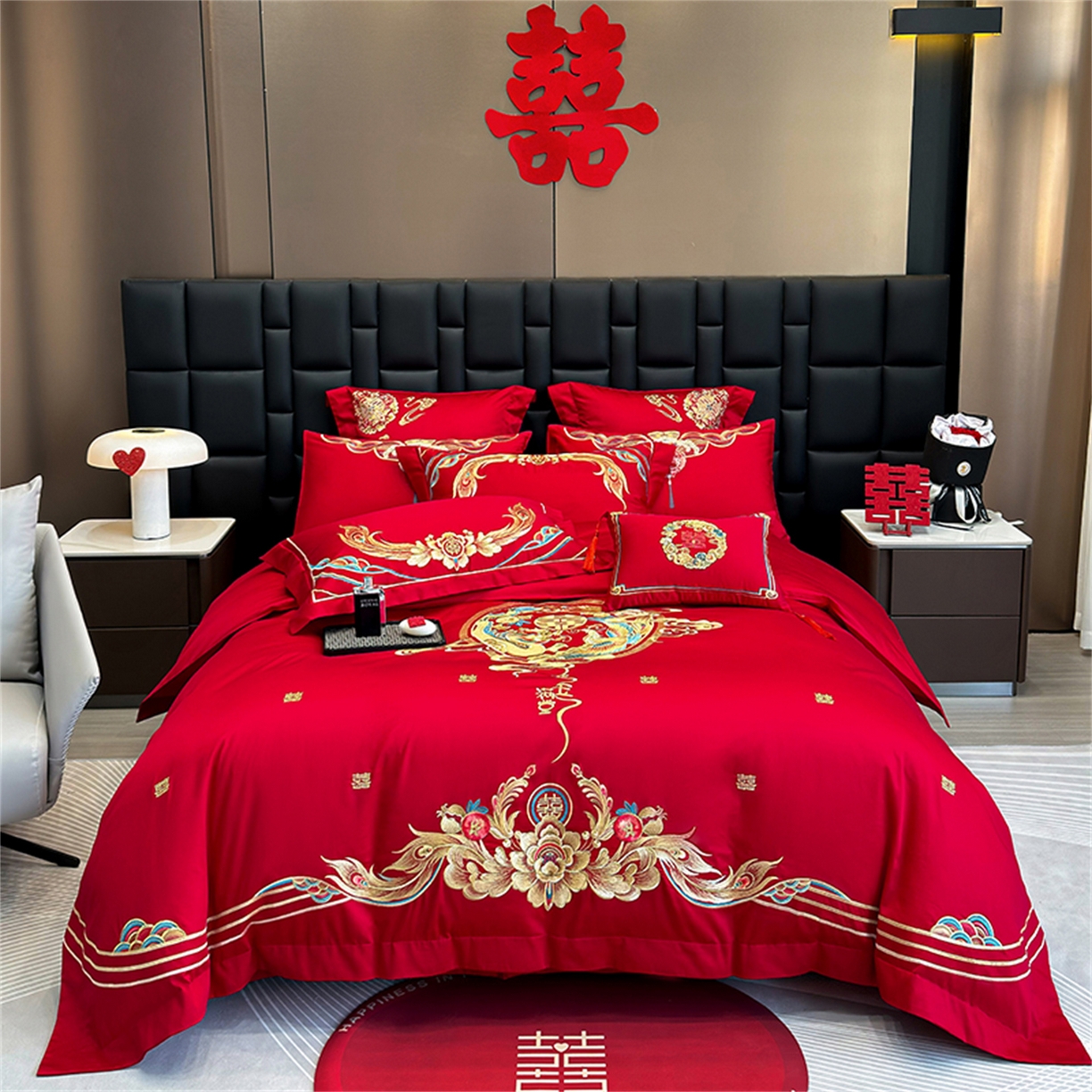 91家纺网 家纺一手货源 找家纺 （总）美娘阁 2025新款长绒棉全棉贡缎提花款新中式古典韵味精美刺绣婚庆四件套-系列二