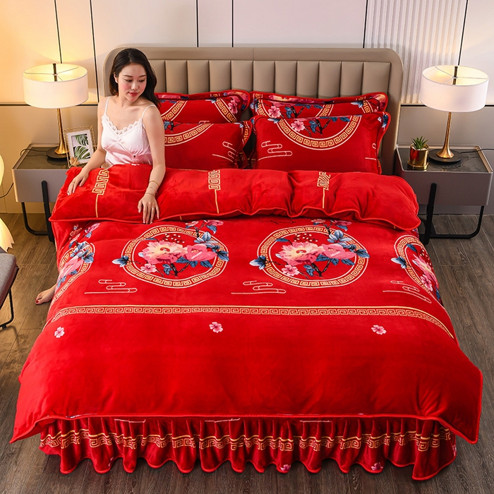 91家纺网 家纺一手货源 找家纺 （总 ）梦宴 2025新款冬季牛奶绒加厚保暖床裙款法兰绒珊瑚绒四件套床上用品