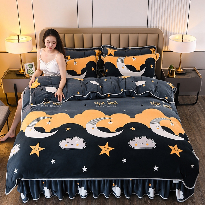 91家纺网 家纺一手货源 找家纺 （总 ）梦宴 2025新款冬季牛奶绒加厚保暖床裙款法兰绒珊瑚绒四件套床上用品