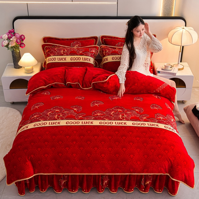 91家纺网 家纺一手货源 找家纺 （总 ）梦宴 2025新款冬季牛奶绒加厚保暖床裙款法兰绒珊瑚绒四件套床上用品