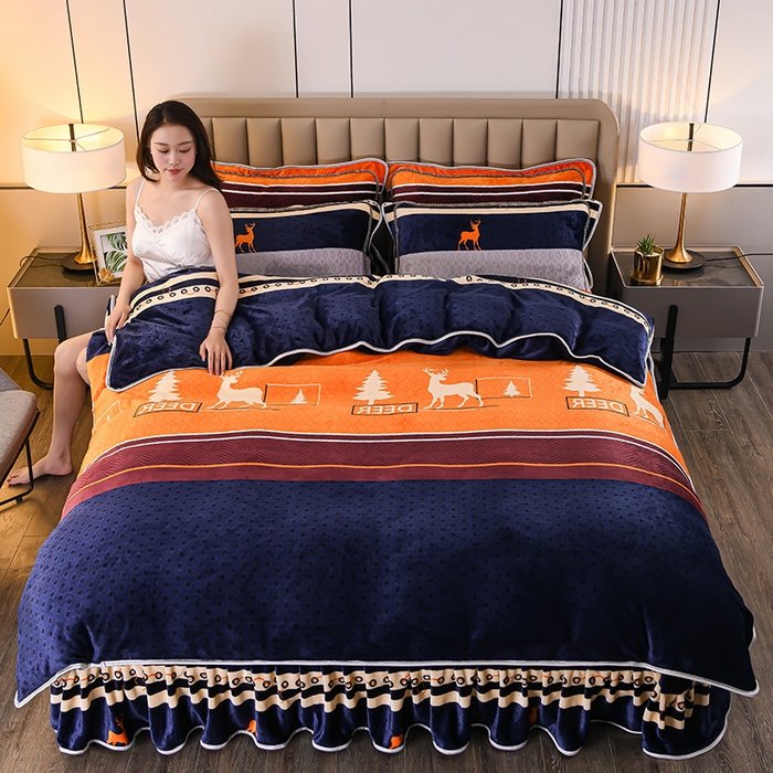 91家纺网 家纺一手货源 找家纺 梦宴 2025新款冬季牛奶绒加厚保暖床裙款法兰绒珊瑚绒四件套床上用品 森林小鹿