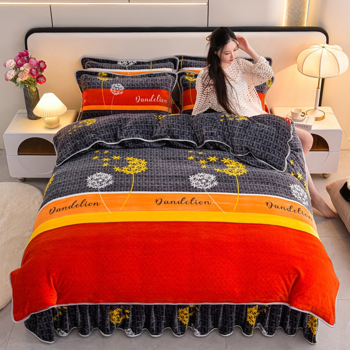 91家纺网 家纺一手货源 找家纺 梦宴 2025新款冬季牛奶绒加厚保暖床裙款法兰绒珊瑚绒四件套床上用品 心相随